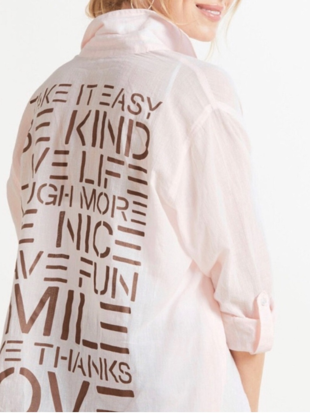 Sundry Light Pink Button-Down Shirt with Positive Message Back - Picture 4 of 7